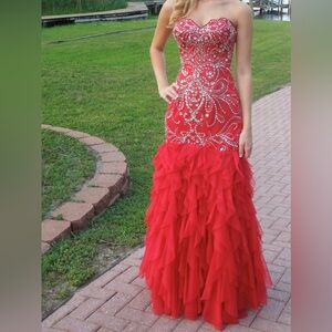 Alyce Paris Red and Silver Embellished Prom Dress